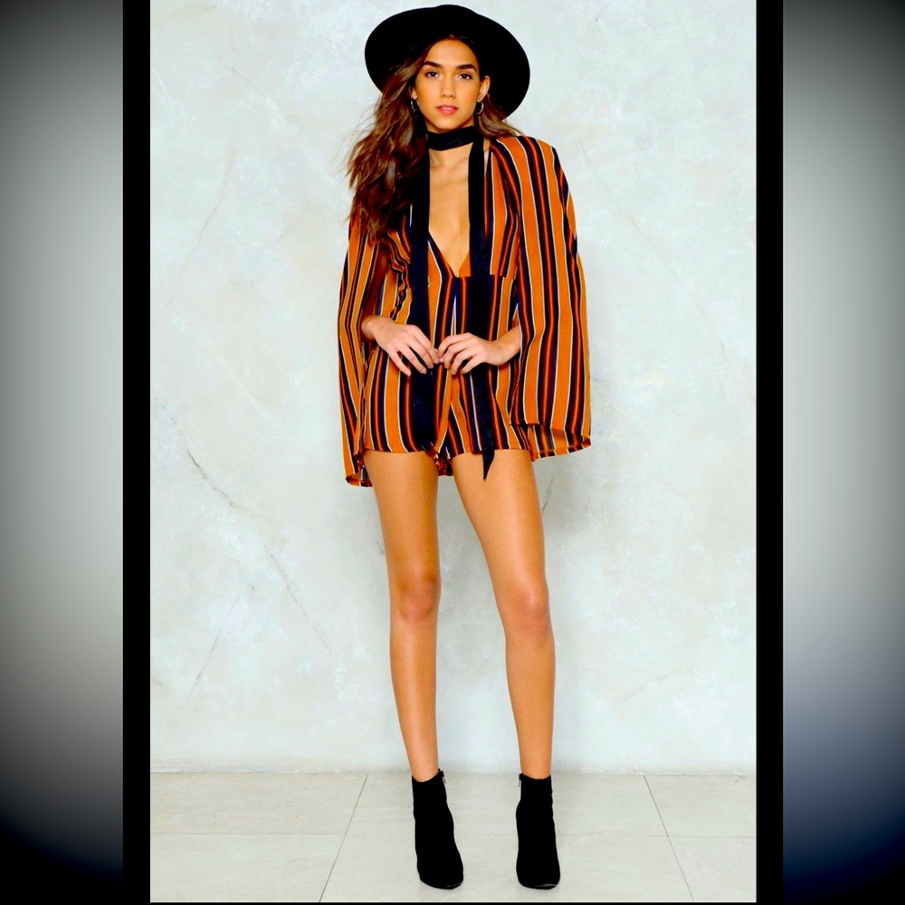 Nasty Gal Black and Orange Jumpsuit with Retro Stripes and cape